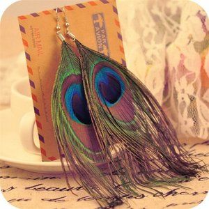 ❤️ NEW Peacock Feather DanGle Earrings 4"